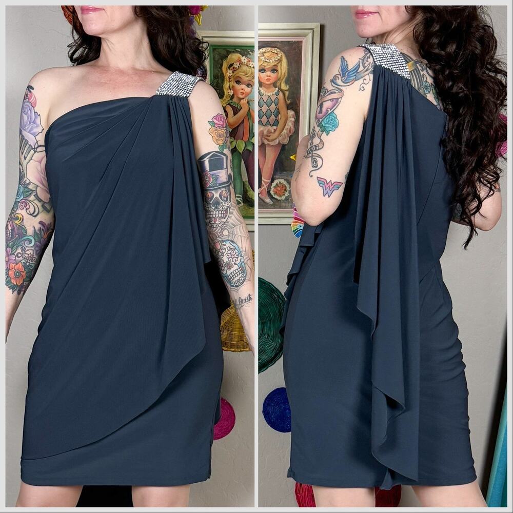 Vintage Y2K Caché Grey One Shoulder Grecian Drape Minidress - Picture 4 of 8